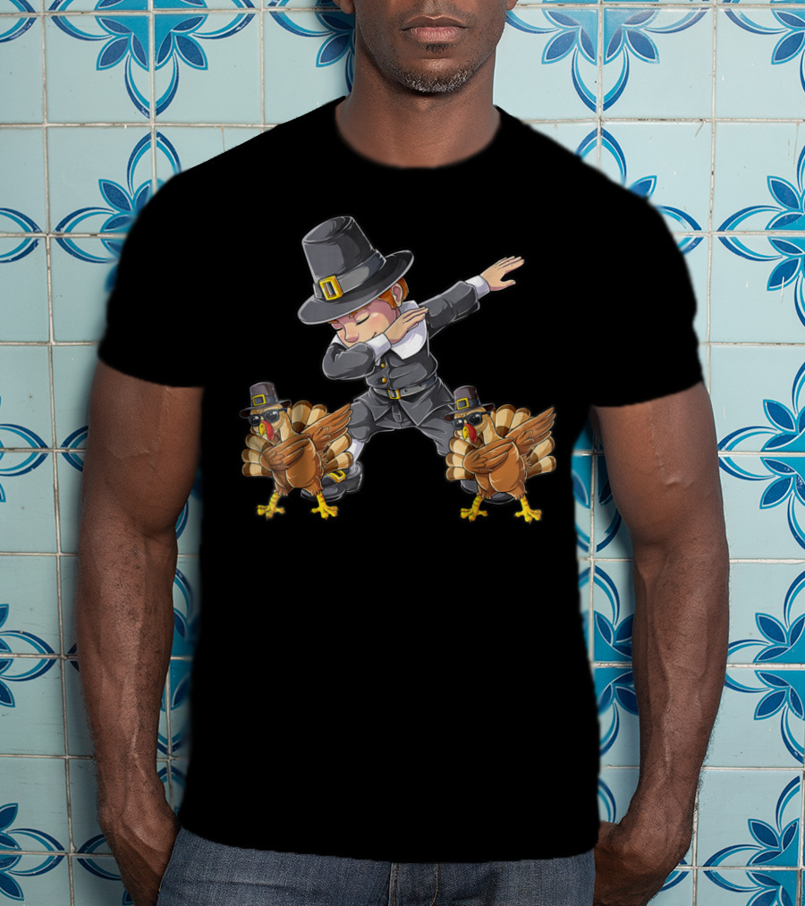 Thanksgiving Dabbing Pilgrim With Turkeys Kids UL T-Shirt