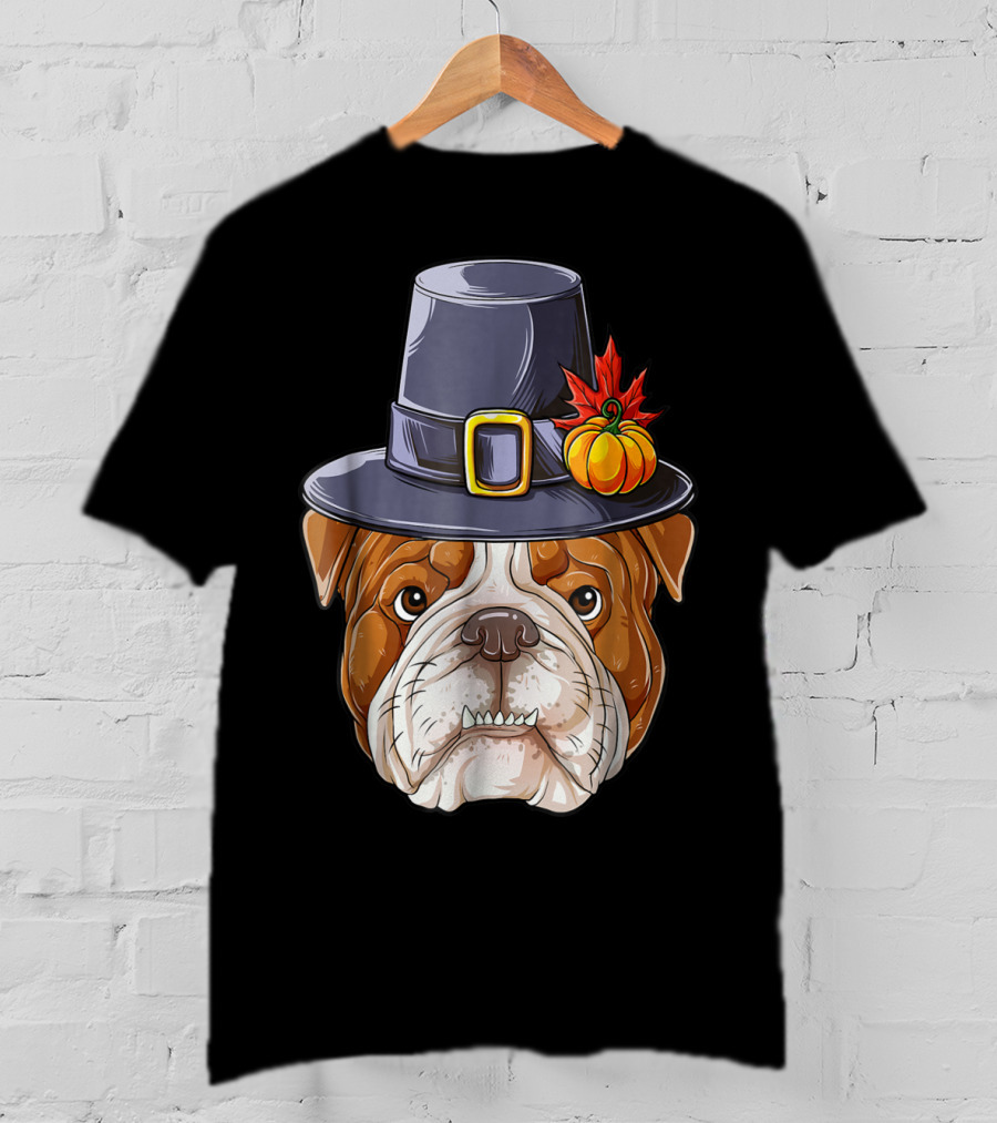 Thanksgiving Kids English Bulldog Pilgrim Hat Pumpkin Maple Leaf T-Shirt