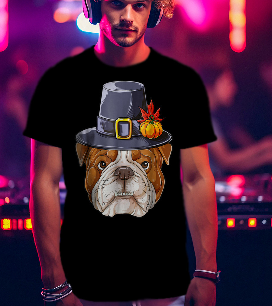 Thanksgiving Kids English Bulldog Pilgrim Hat Pumpkin Maple Leaf T-Shirt