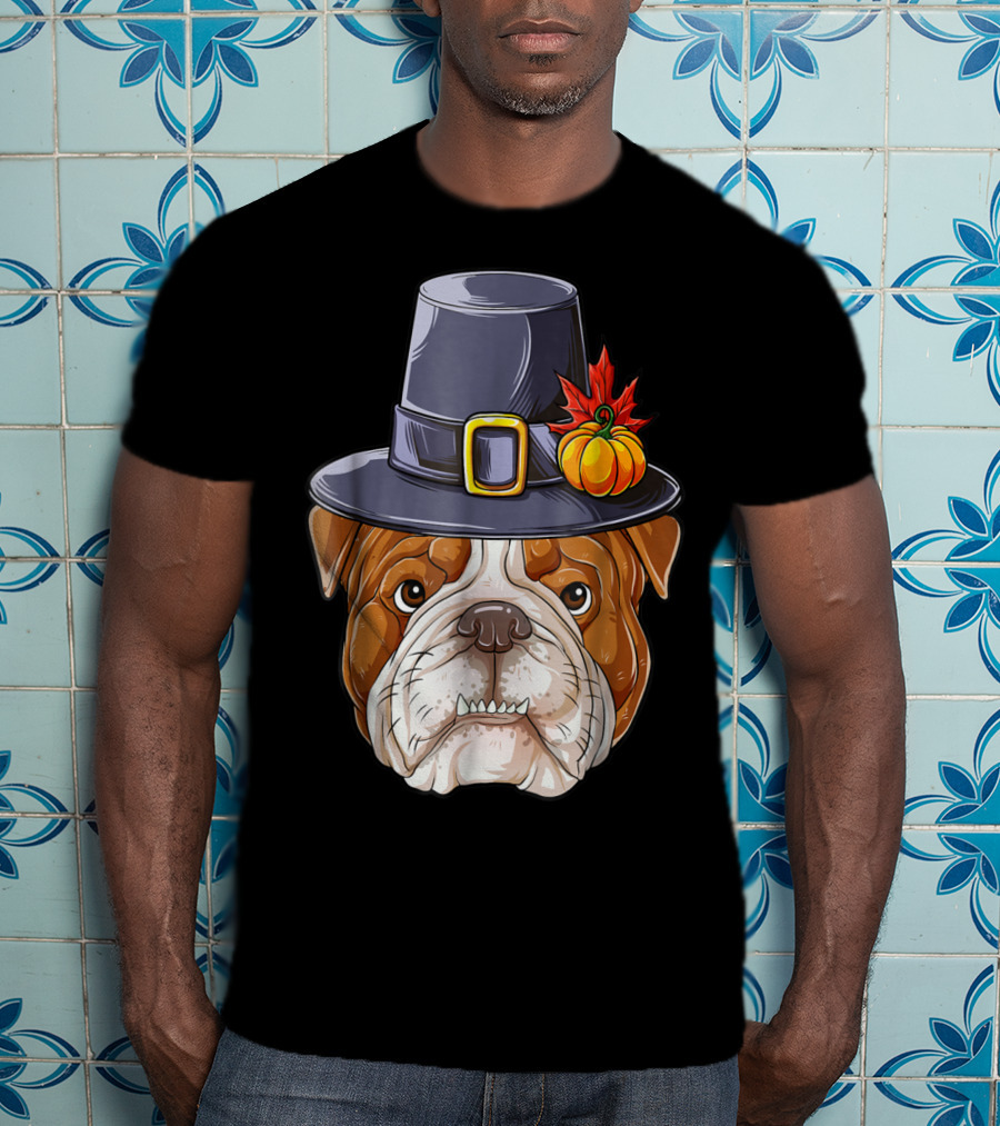Thanksgiving Kids English Bulldog Pilgrim Hat Pumpkin Maple Leaf T-Shirt