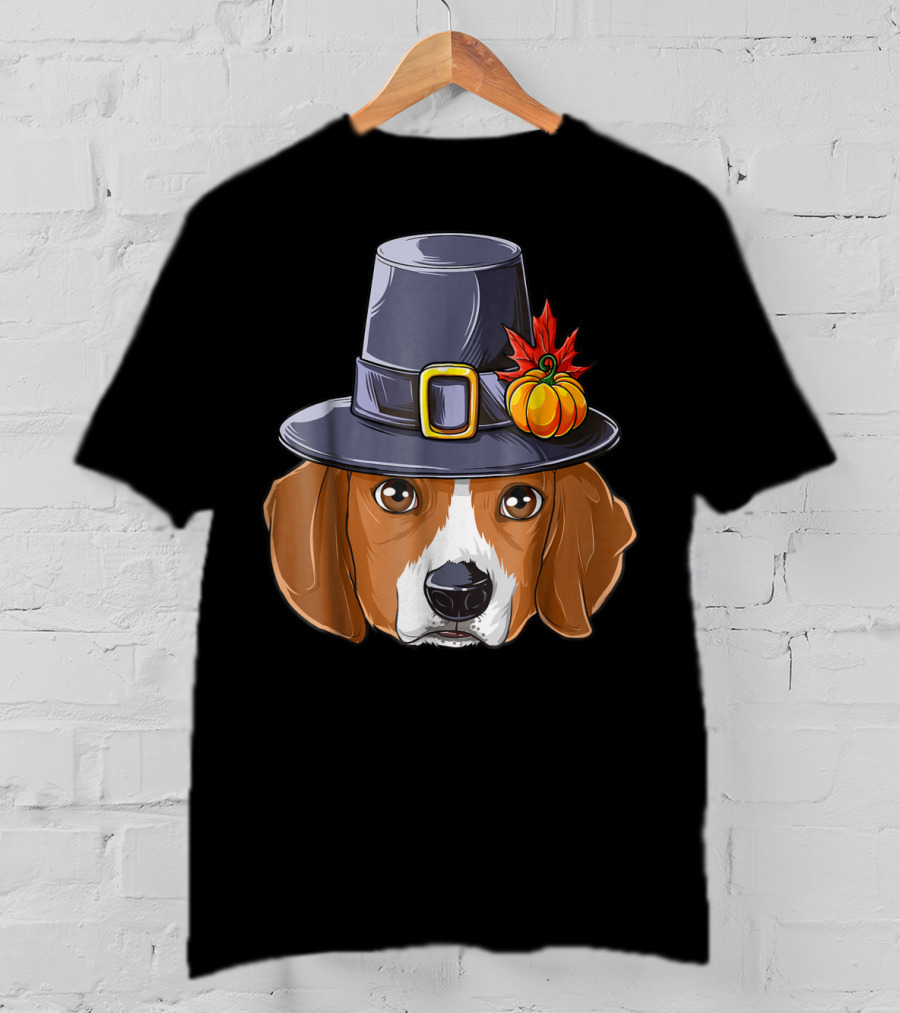 Thanksgiving Beagle Pilgrim Hat Pumpkin Leaf T-Shirt