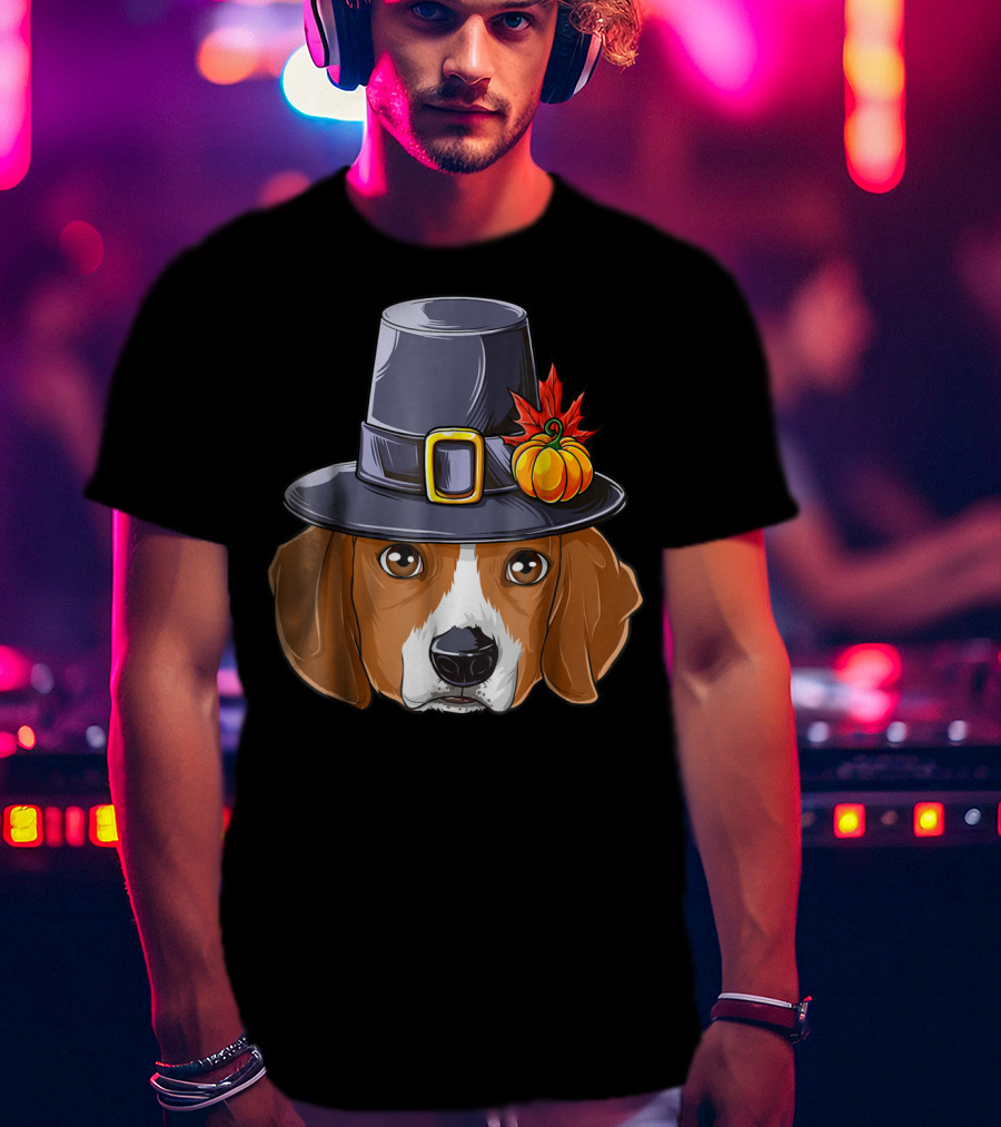 Thanksgiving Beagle Pilgrim Hat Pumpkin Leaf T-Shirt
