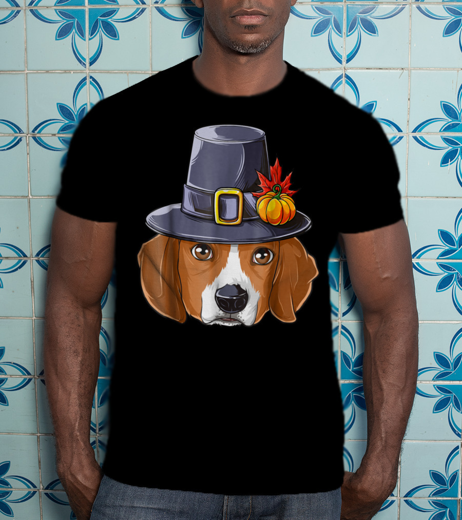 Thanksgiving Beagle Pilgrim Hat Pumpkin Leaf T-Shirt