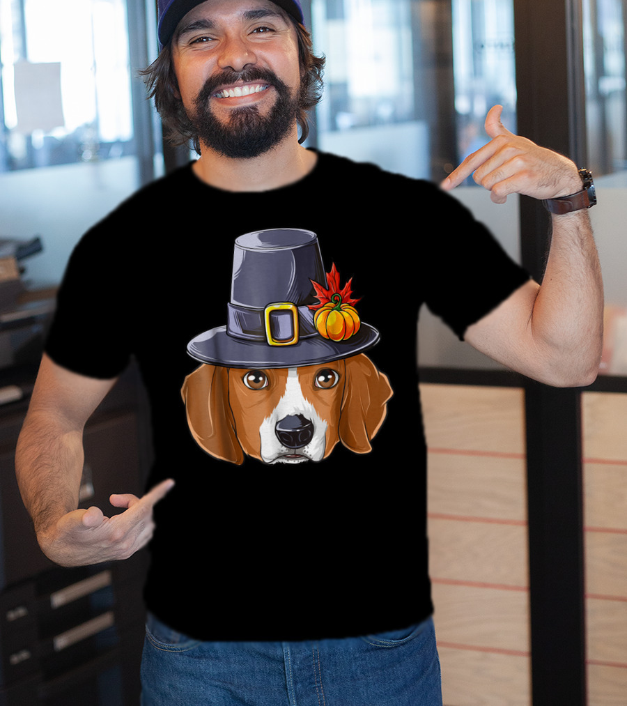 Thanksgiving Beagle Pilgrim Hat Pumpkin Leaf T-Shirt