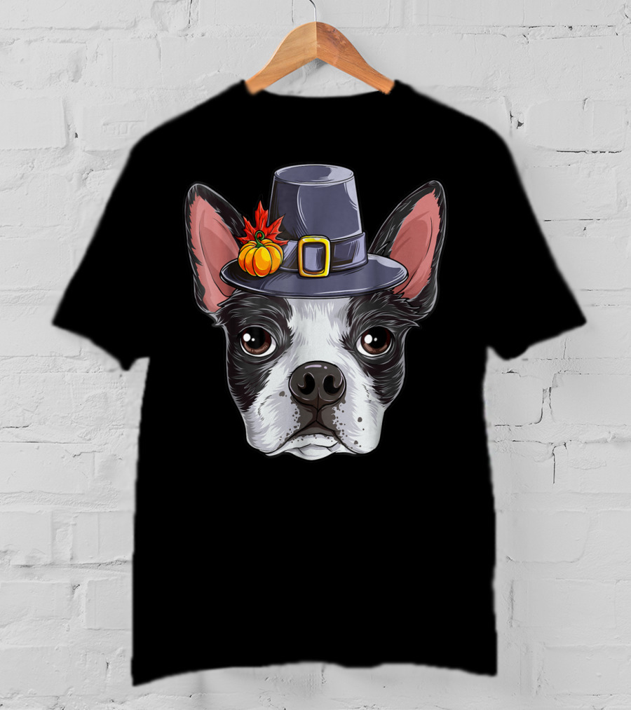 Thanksgiving Boston Terrier Pilgrim Hat Pumpkin T-Shirt