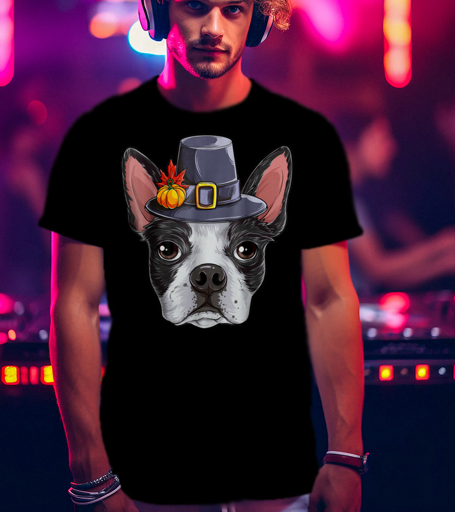 Thanksgiving Boston Terrier Pilgrim Hat Pumpkin T-Shirt