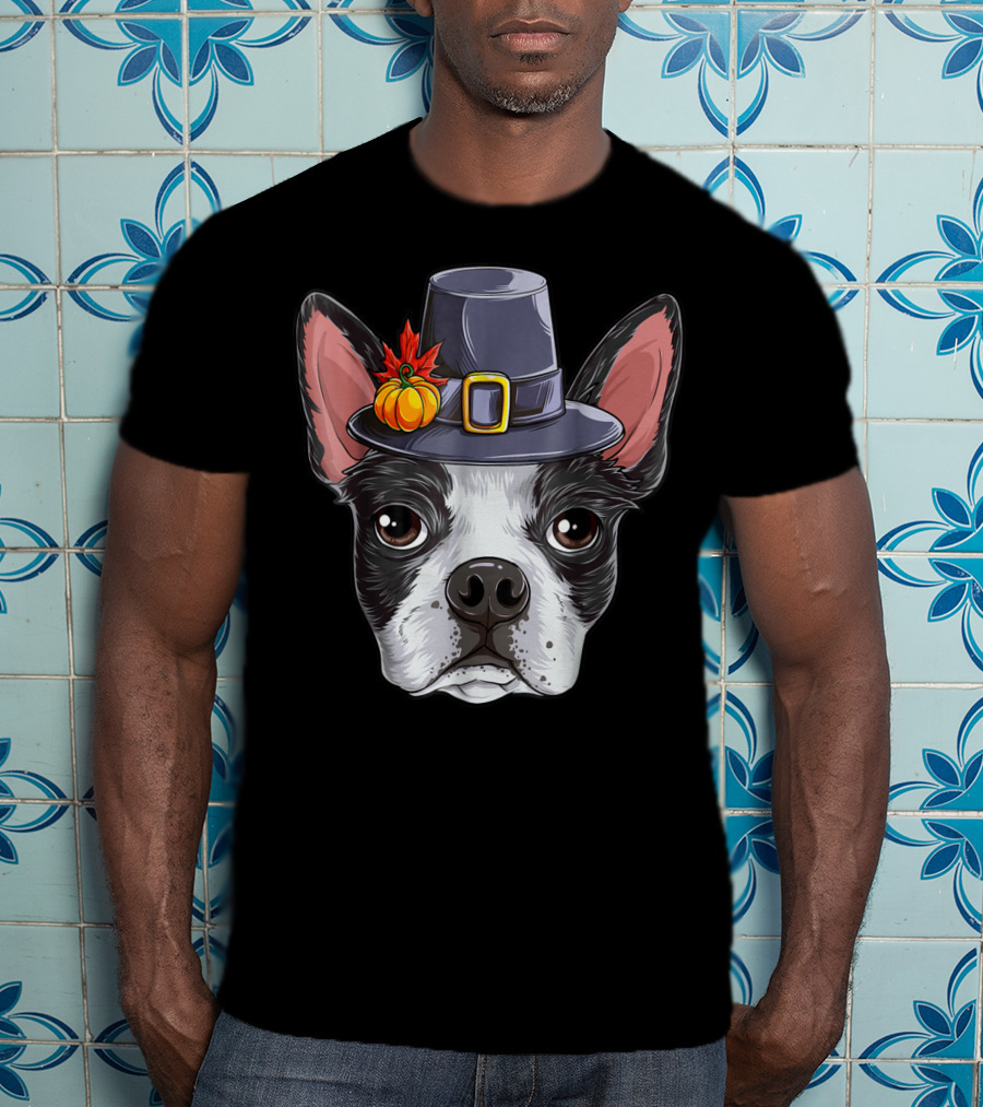 Thanksgiving Boston Terrier Pilgrim Hat Pumpkin T-Shirt