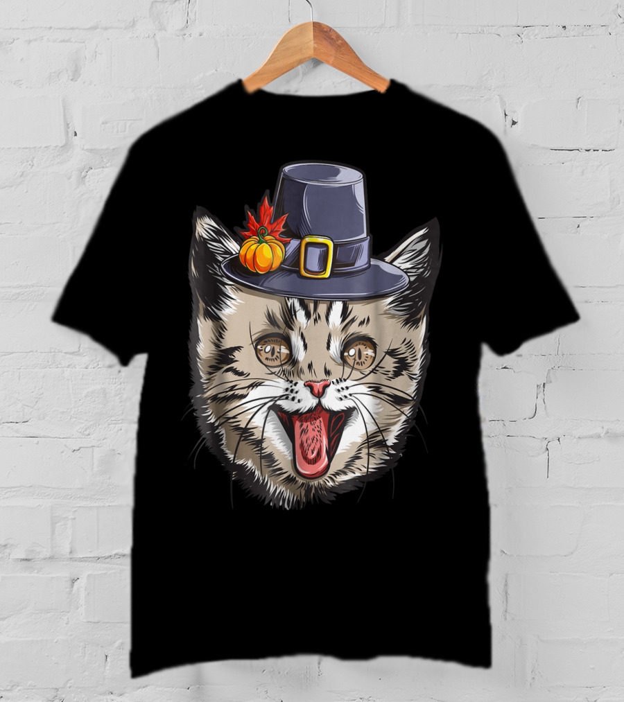 Thanksgiving Cat Pilgrim With Pumpkin Hat IY T-Shirt