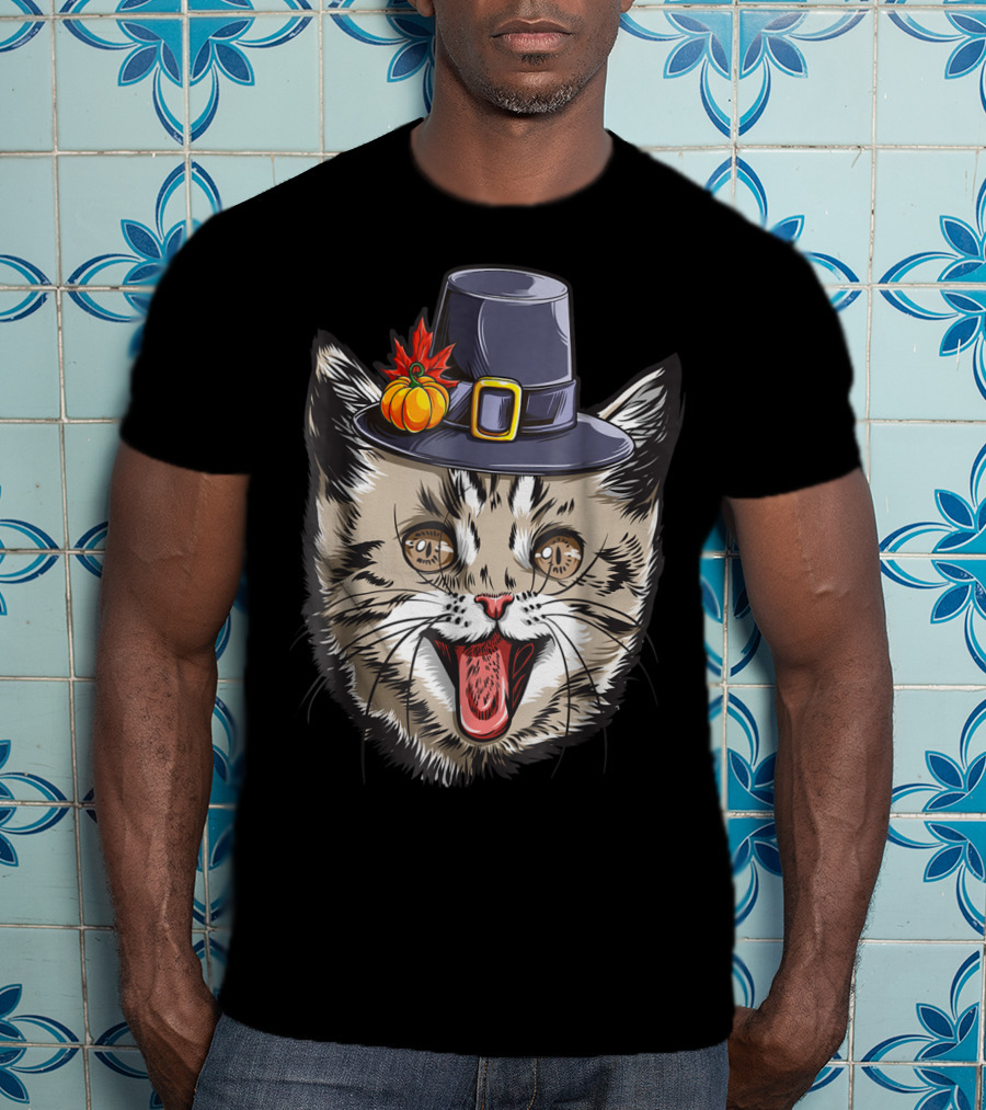 Thanksgiving Cat Pilgrim With Pumpkin Hat IY T-Shirt