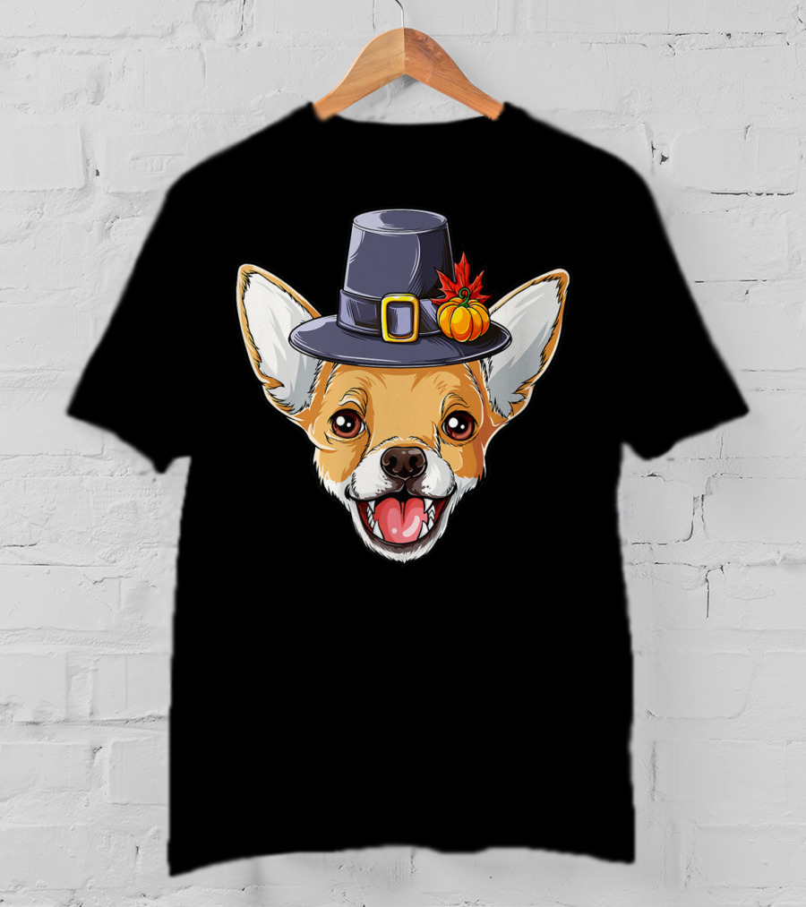 Pilgrim Hat Chihuahua With Thanksgiving Pumpkin And Leaf T-Shirt