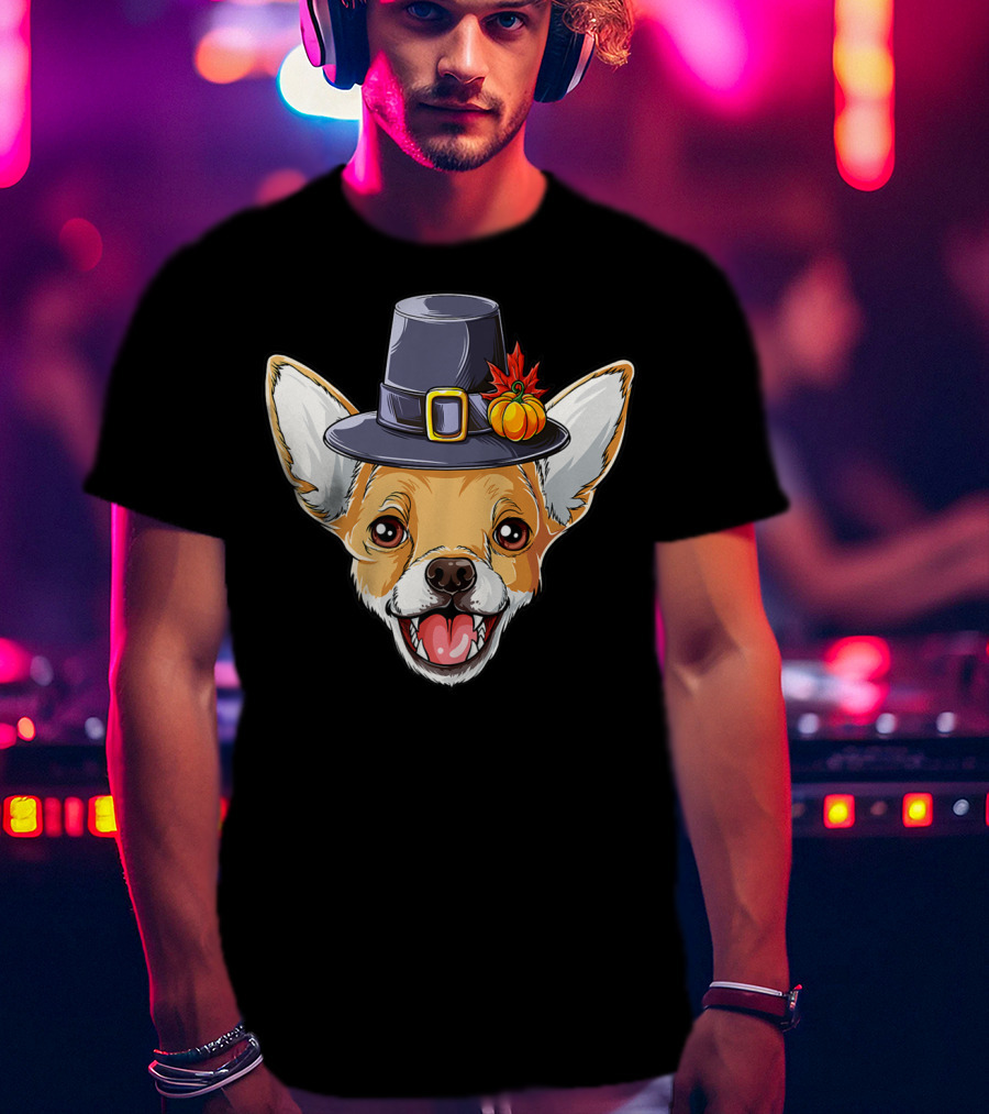 Pilgrim Hat Chihuahua With Thanksgiving Pumpkin And Leaf T-Shirt