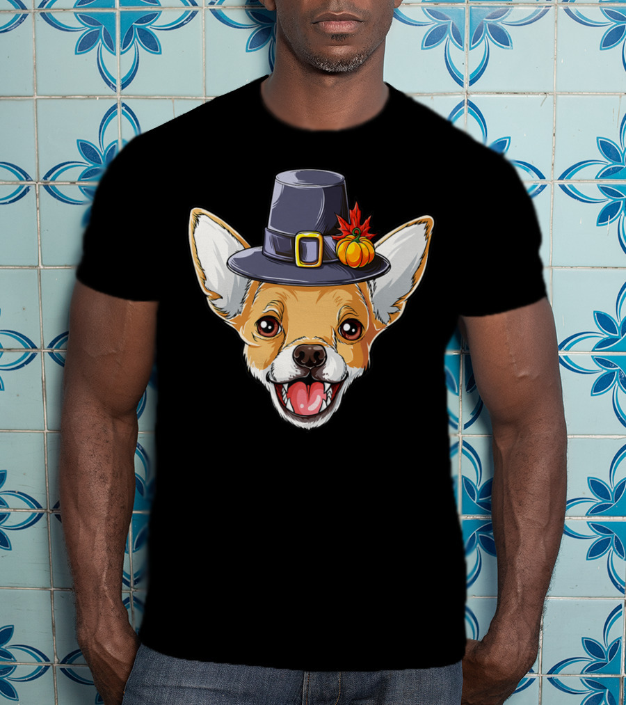 Pilgrim Hat Chihuahua With Thanksgiving Pumpkin And Leaf T-Shirt
