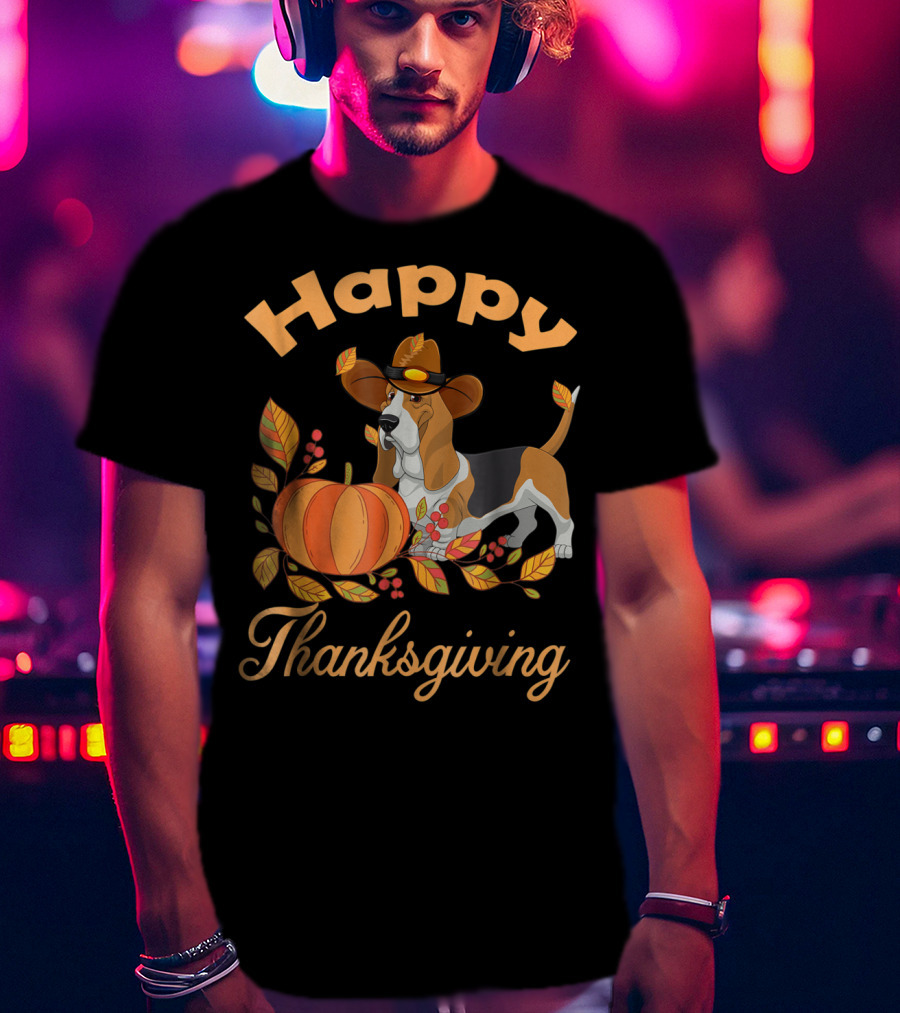Happy Thanksgiving Basset Hound With Pumpkin And Pilgrim Hat T-Shirt