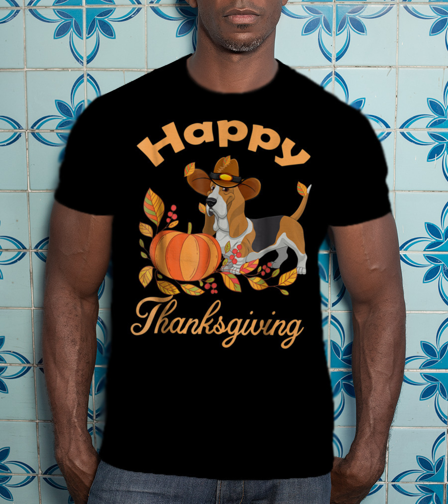 Happy Thanksgiving Basset Hound With Pumpkin And Pilgrim Hat T-Shirt