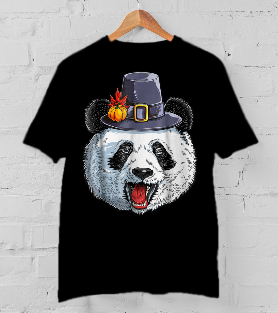 Thanksgiving Panda In Pilgrim Hat With Pumpkin And Leaves T-Shirt