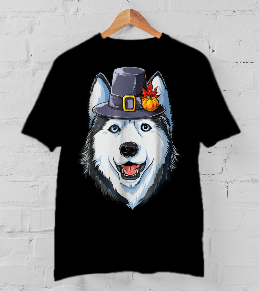 Thanksgiving Pilgrim Hat Siberian Husky With Pumpkin And Maple Leaf T-Shirt
