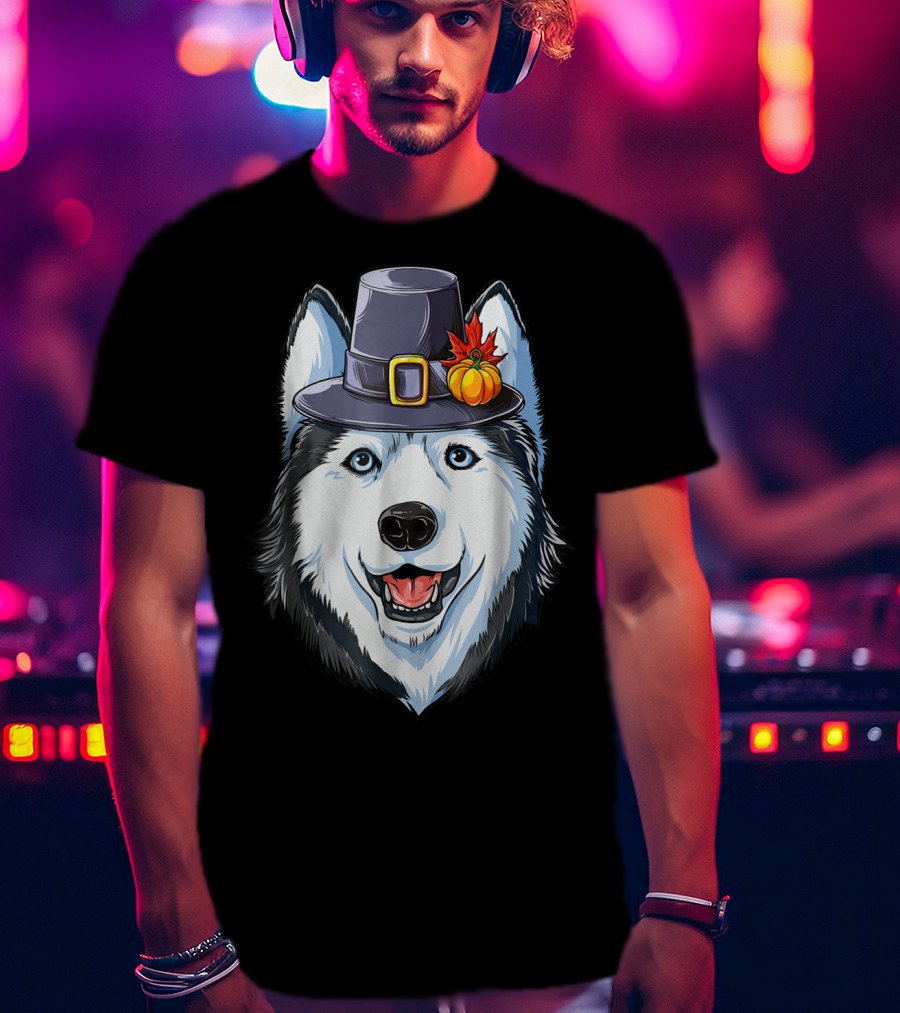 Thanksgiving Pilgrim Hat Siberian Husky With Pumpkin And Maple Leaf T-Shirt