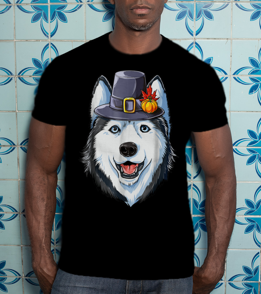 Thanksgiving Pilgrim Hat Siberian Husky With Pumpkin And Maple Leaf T-Shirt
