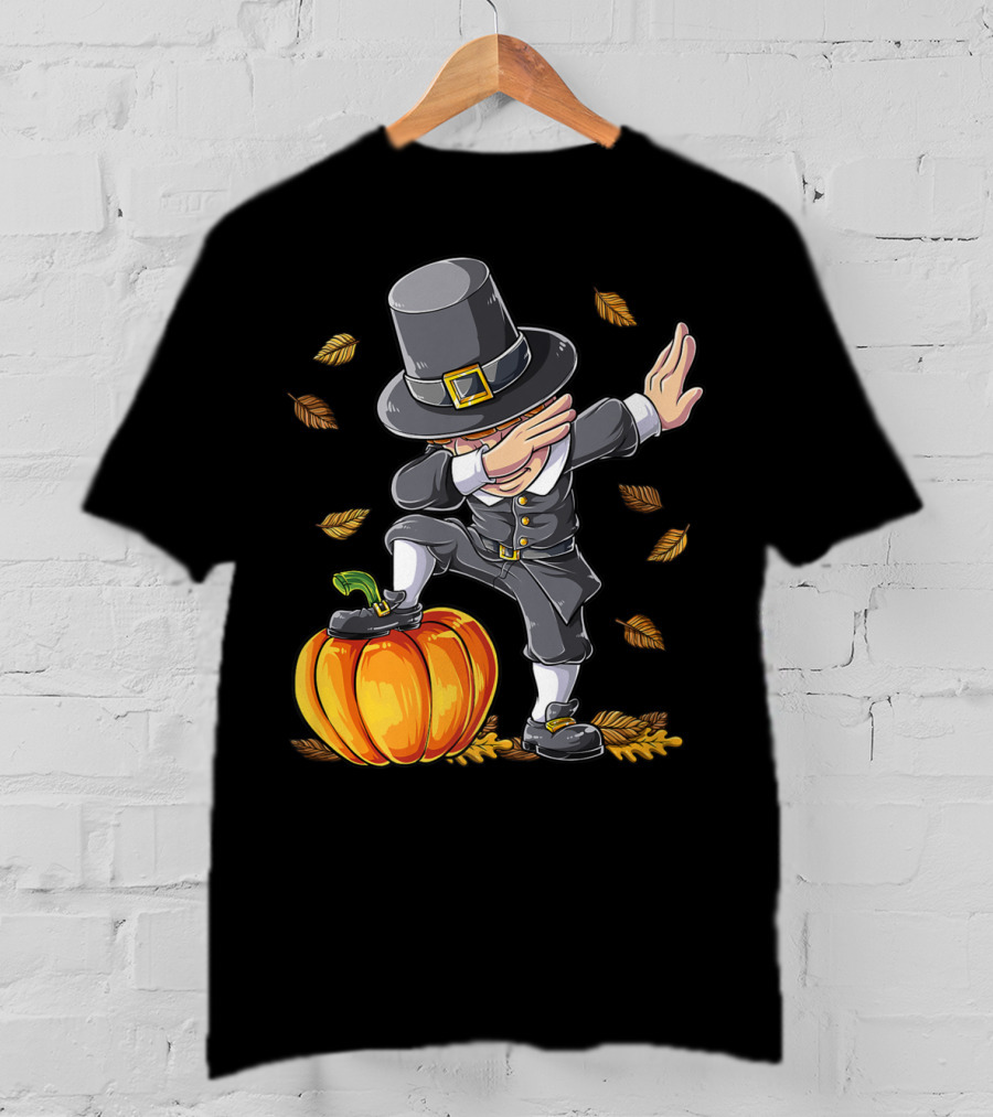 Thanksgiving Dabbing Pilgrim Boy Pumpkin Autumn Leaves T-Shirt