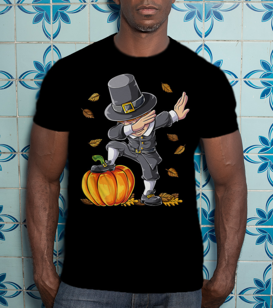 Thanksgiving Dabbing Pilgrim Boy Pumpkin Autumn Leaves T-Shirt
