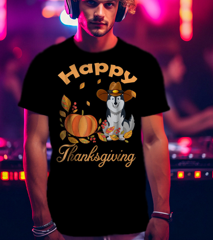 Happy Thanksgiving Siberian Husky With Pumpkin And Fall Leaves T-Shirt