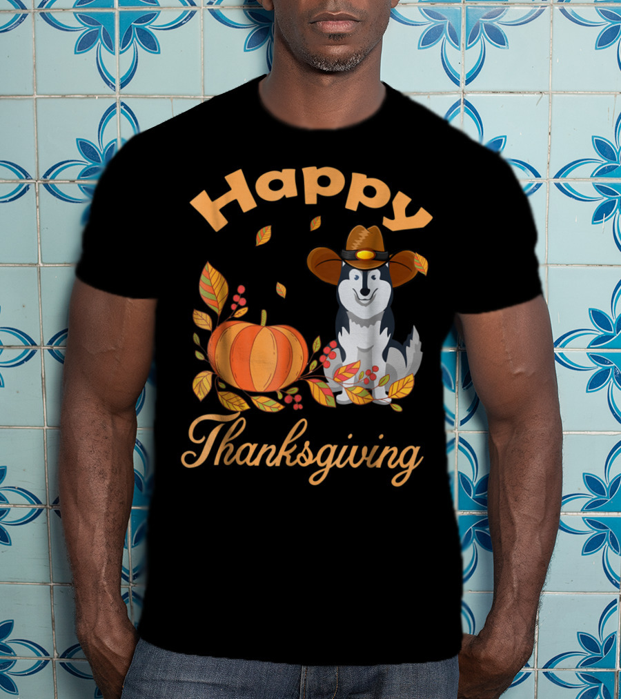 Happy Thanksgiving Siberian Husky With Pumpkin And Fall Leaves T-Shirt