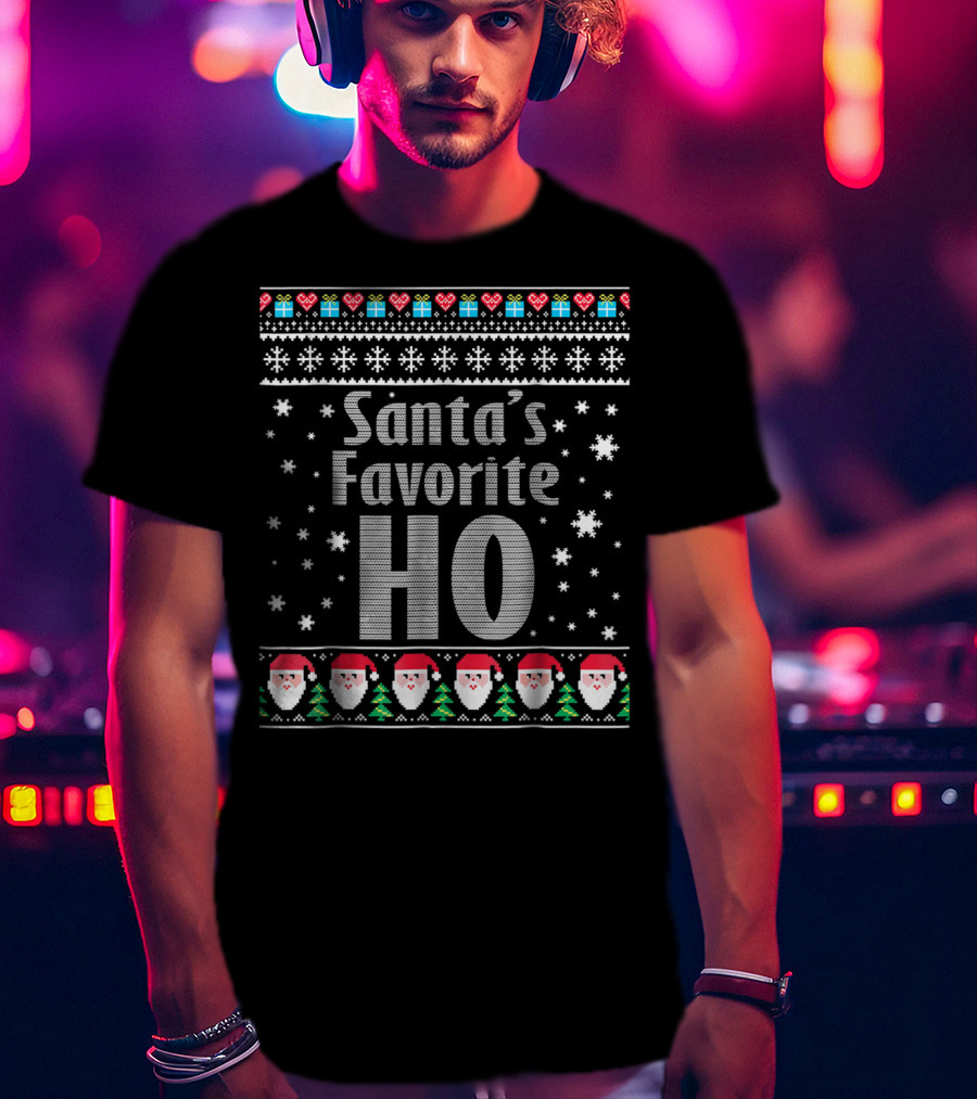 Santa's Favorite Ho Christmas Sweater Style Snowflakes And Santa Faces T-Shirt