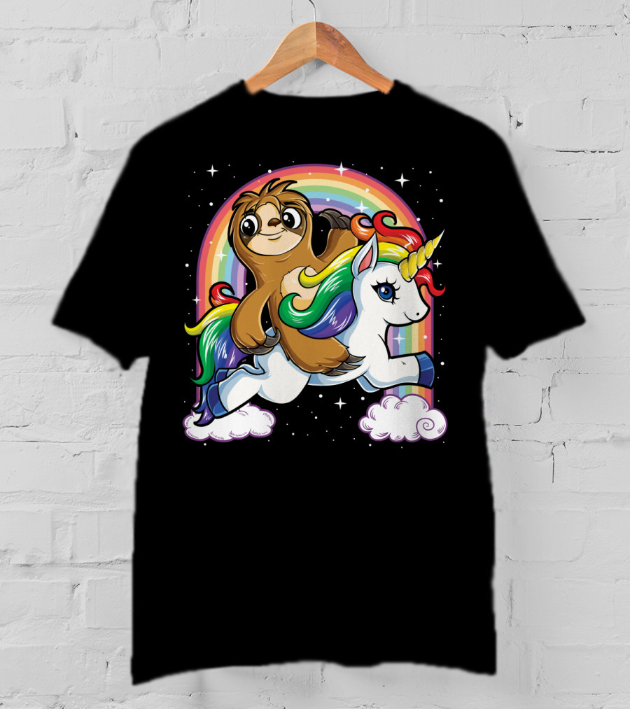 Sloth Riding Unicorn Rainbow Slothicorn Women Kids Fun T-Shirt