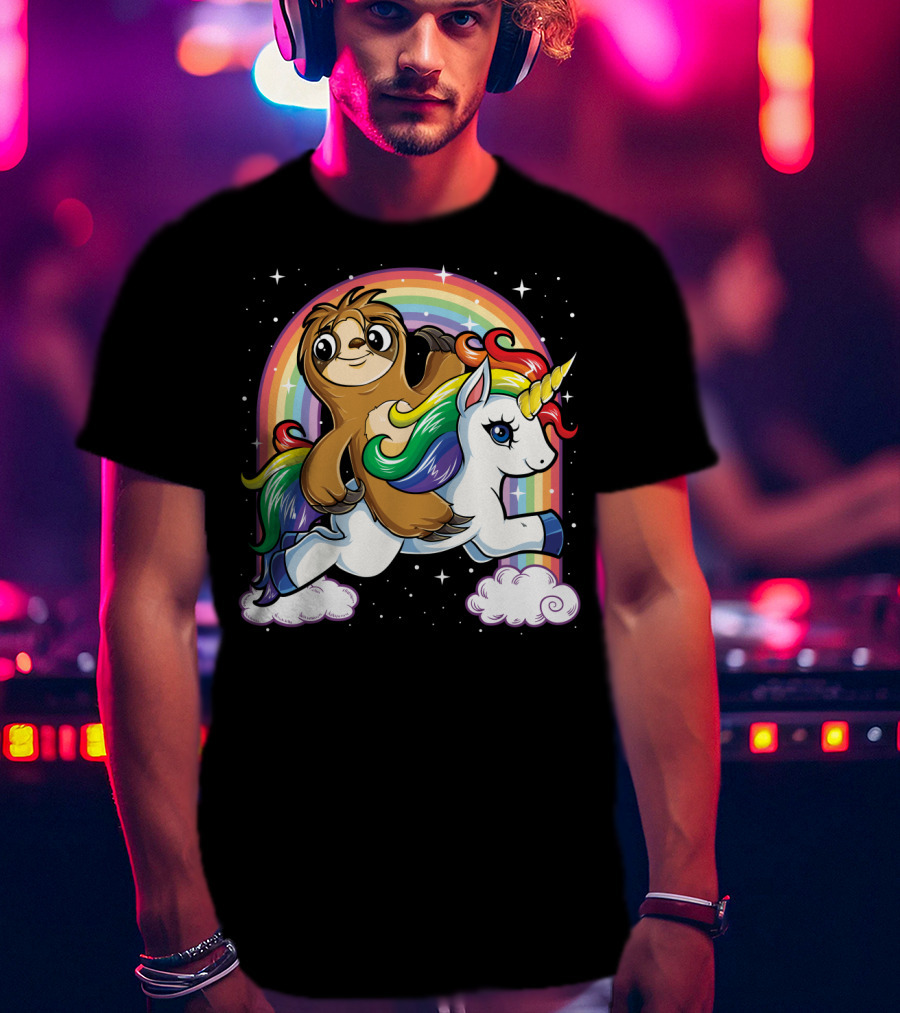 Sloth Riding Unicorn Rainbow Slothicorn Women Kids Fun T-Shirt