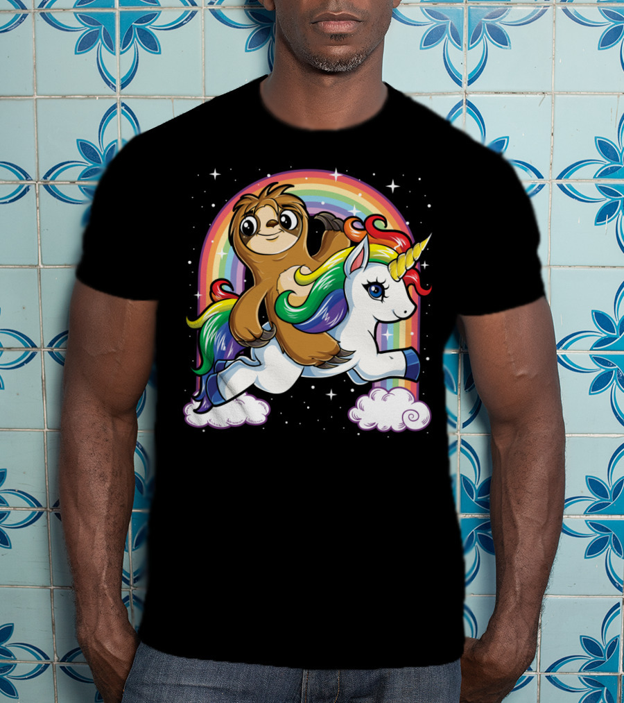 Sloth Riding Unicorn Rainbow Slothicorn Women Kids Fun T-Shirt