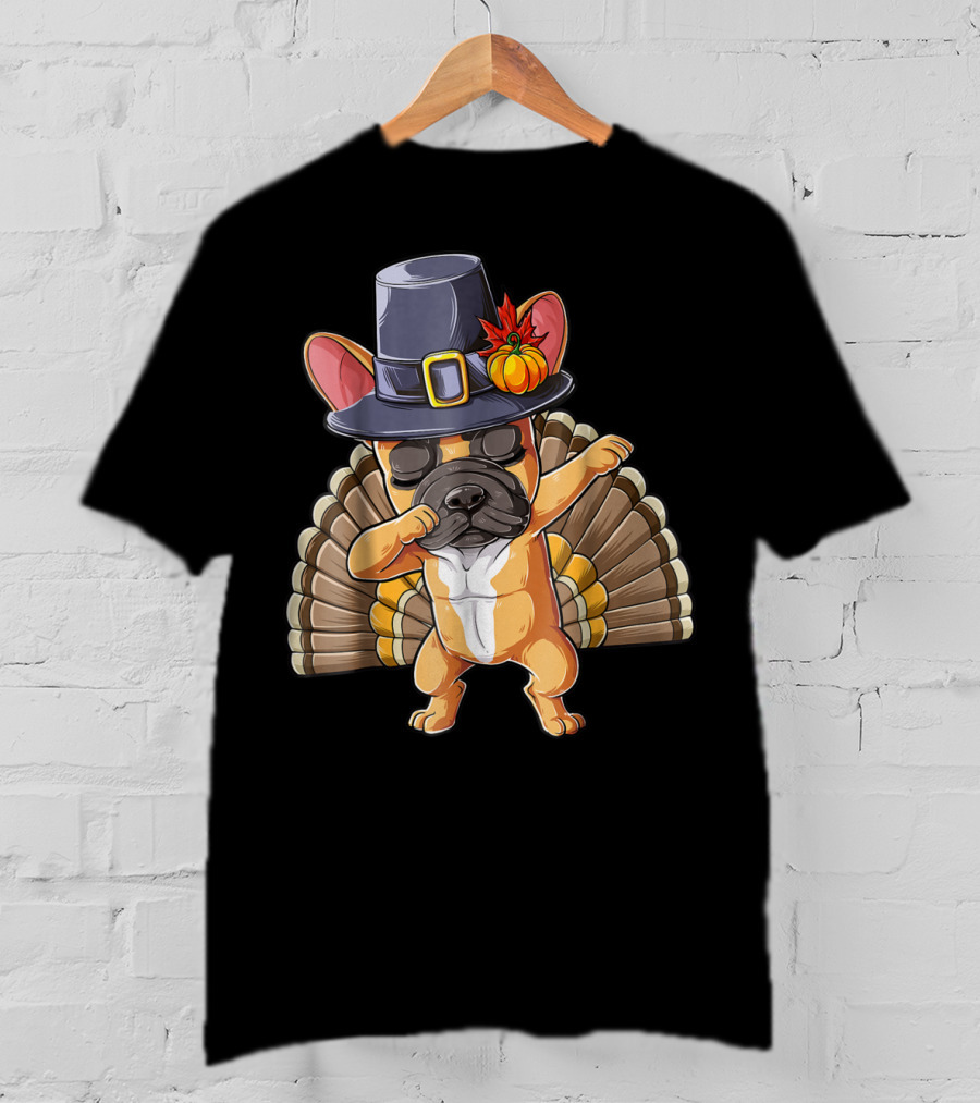 Thanksgiving Dabbing French Bulldog Pilgrim Hat Turkey Tail T-Shirt