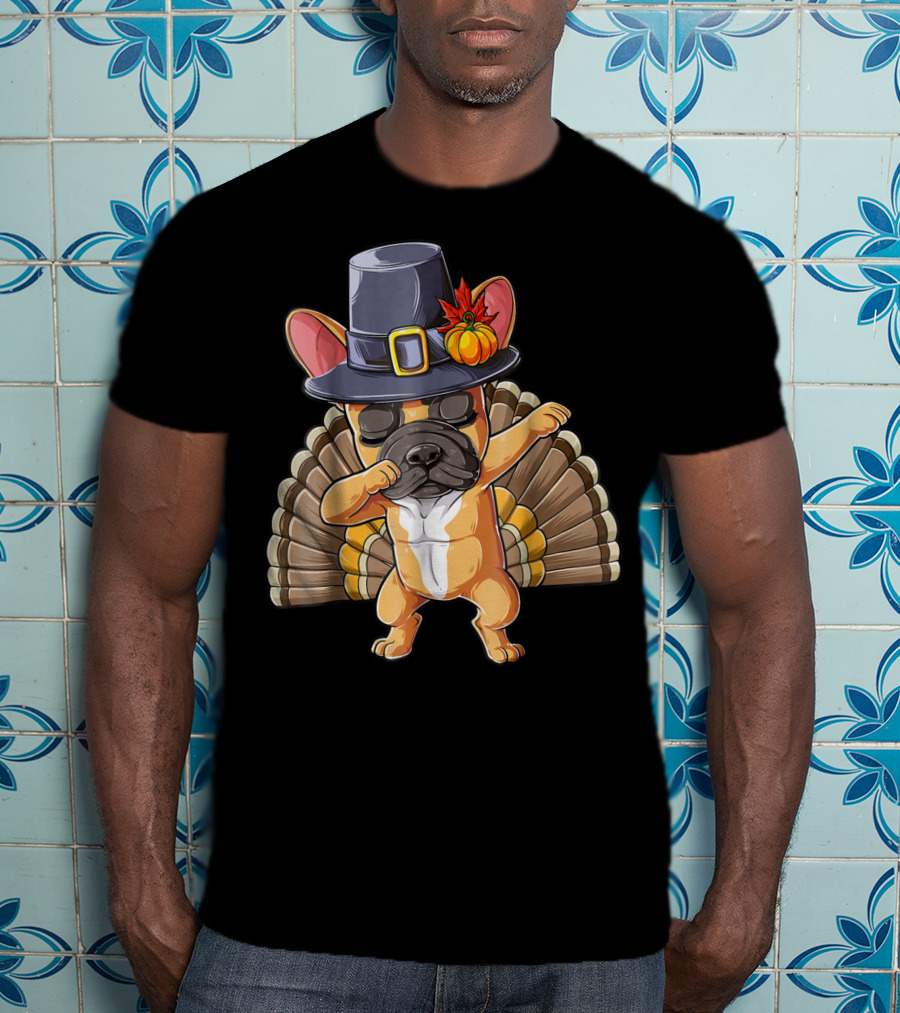 Thanksgiving Dabbing French Bulldog Pilgrim Hat Turkey Tail T-Shirt