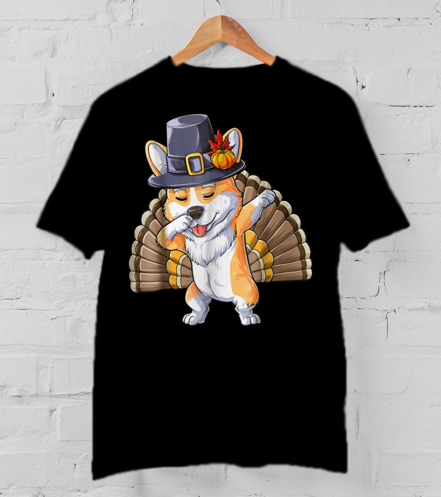 Thanksgiving Pilgrim Corgi Dabbing With Turkey Feathers T-Shirt