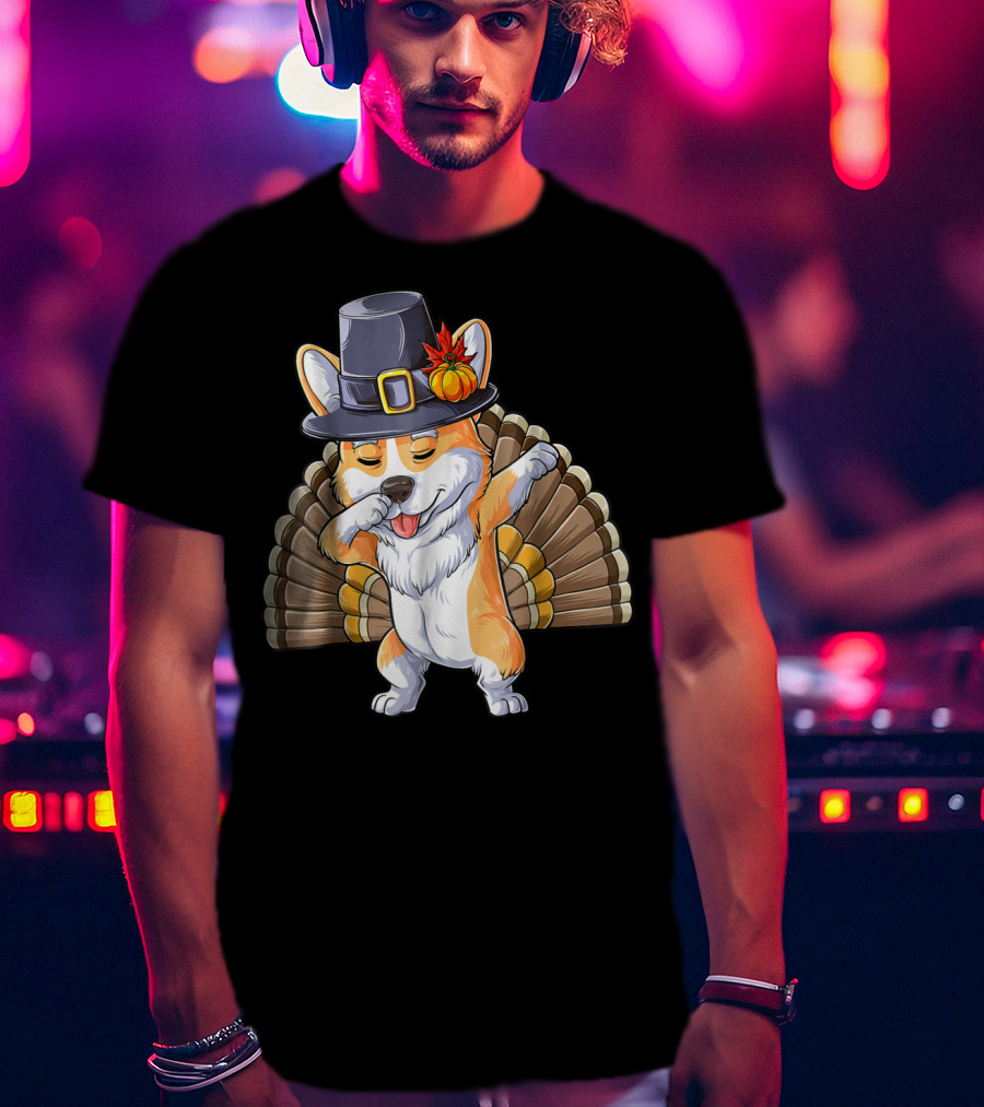 Thanksgiving Pilgrim Corgi Dabbing With Turkey Feathers T-Shirt