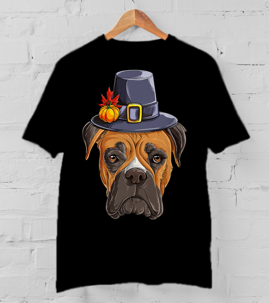 Thanksgiving Boxer Dog Pilgrim Hat Pumpkin Leaf T-Shirt