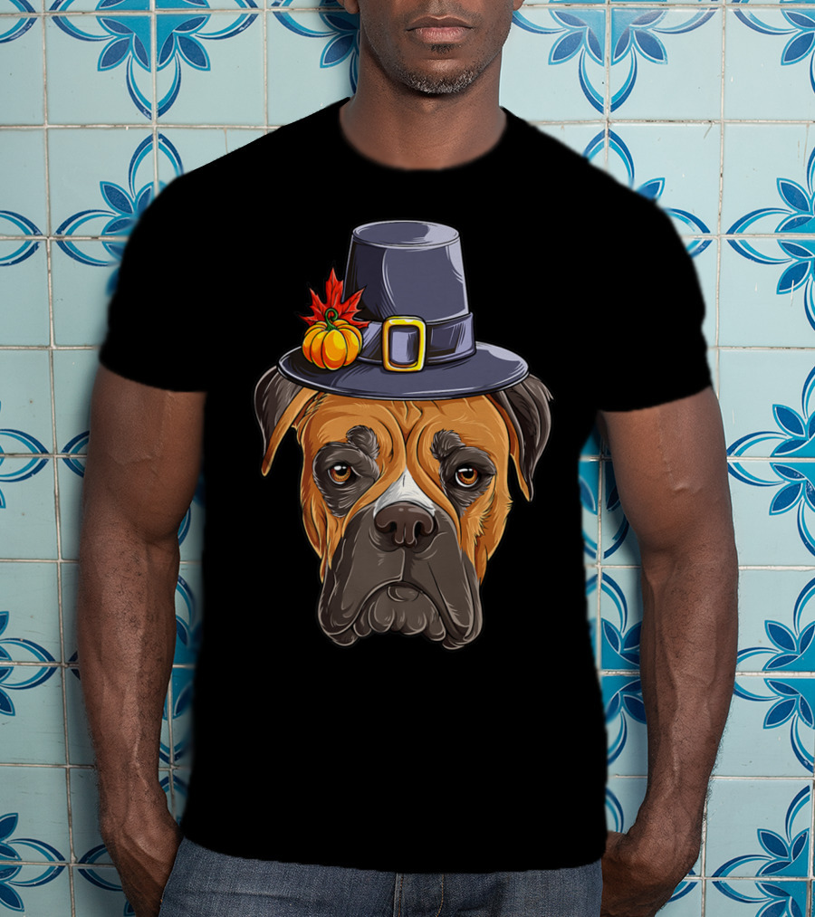 Thanksgiving Boxer Dog Pilgrim Hat Pumpkin Leaf T-Shirt