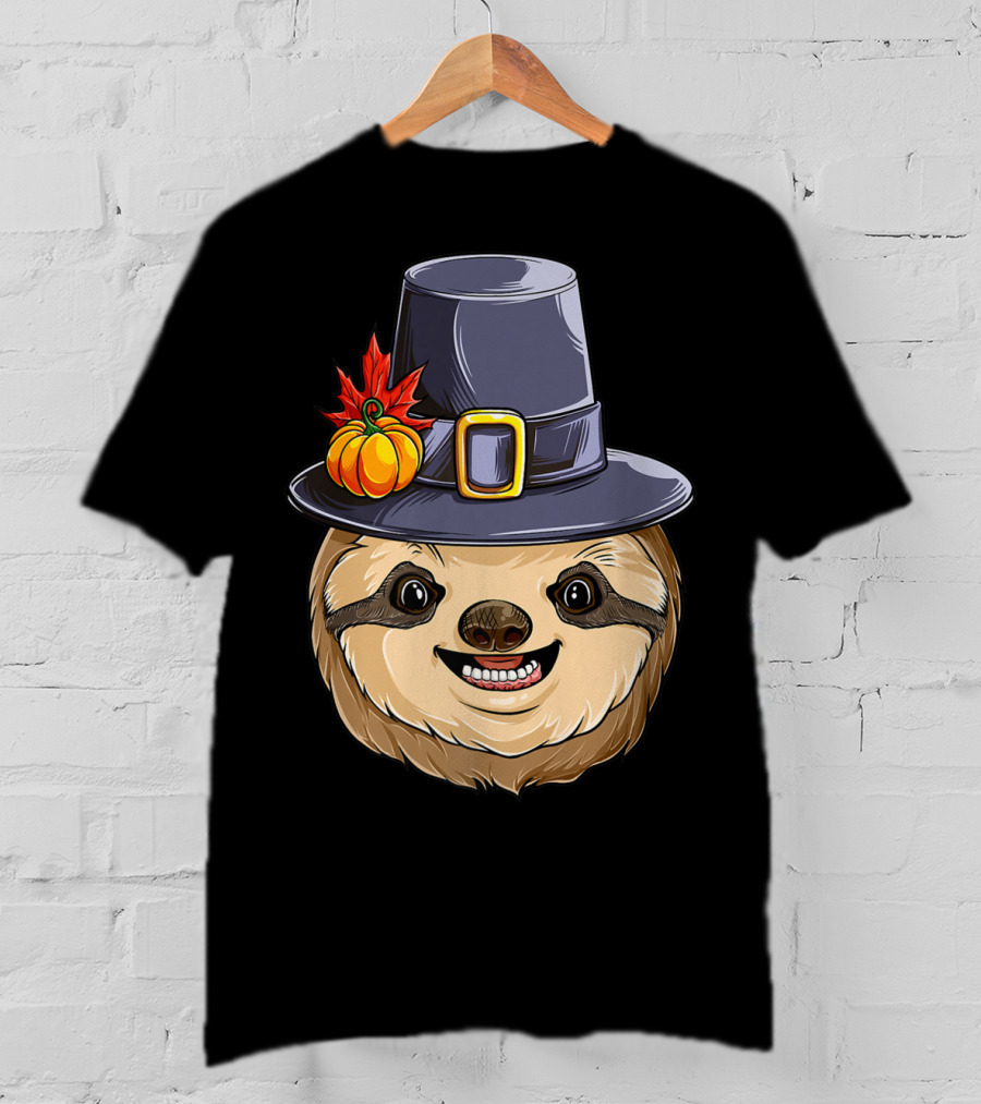 Thanksgiving Sloth With Pilgrim Hat Pumpkin And Autumn Leaves T-Shirt