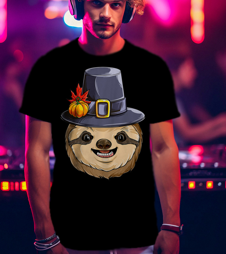 Thanksgiving Sloth With Pilgrim Hat Pumpkin And Autumn Leaves T-Shirt