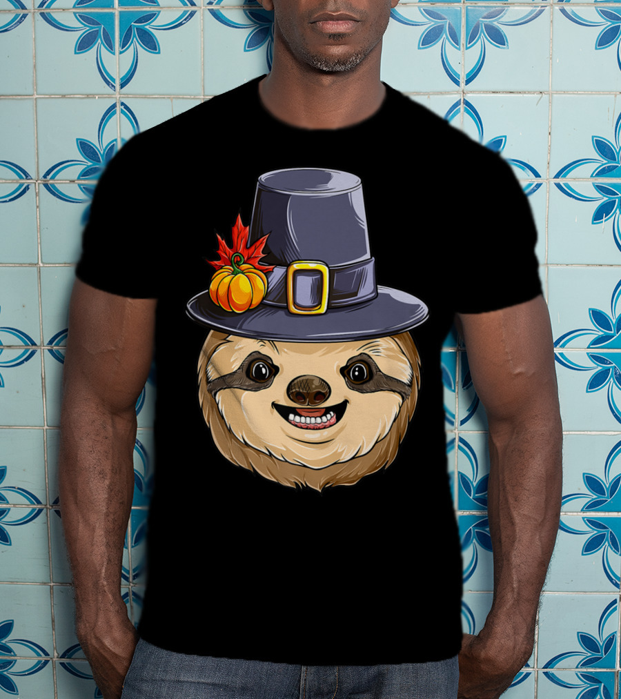 Thanksgiving Sloth With Pilgrim Hat Pumpkin And Autumn Leaves T-Shirt