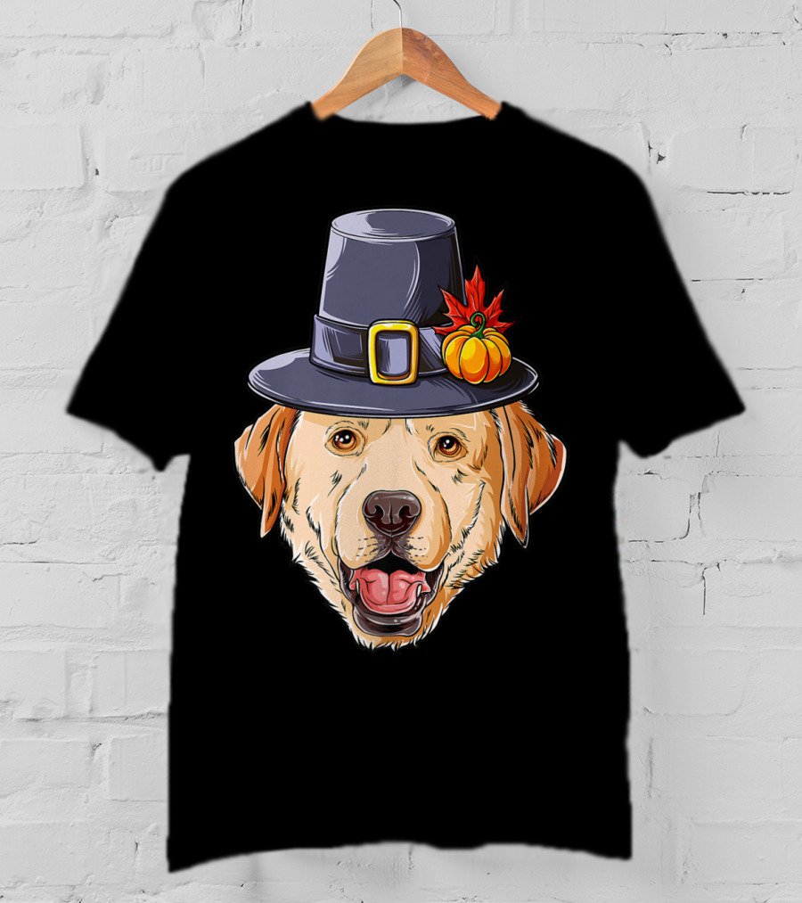 Thanksgiving Dog In Pilgrim Hat With Pumpkin And Leaf T-Shirt