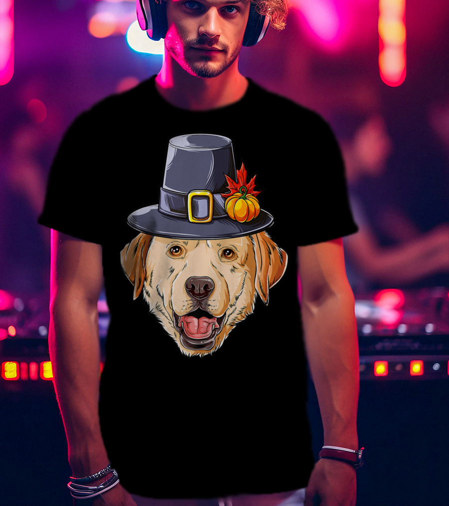 Thanksgiving Dog In Pilgrim Hat With Pumpkin And Leaf T-Shirt