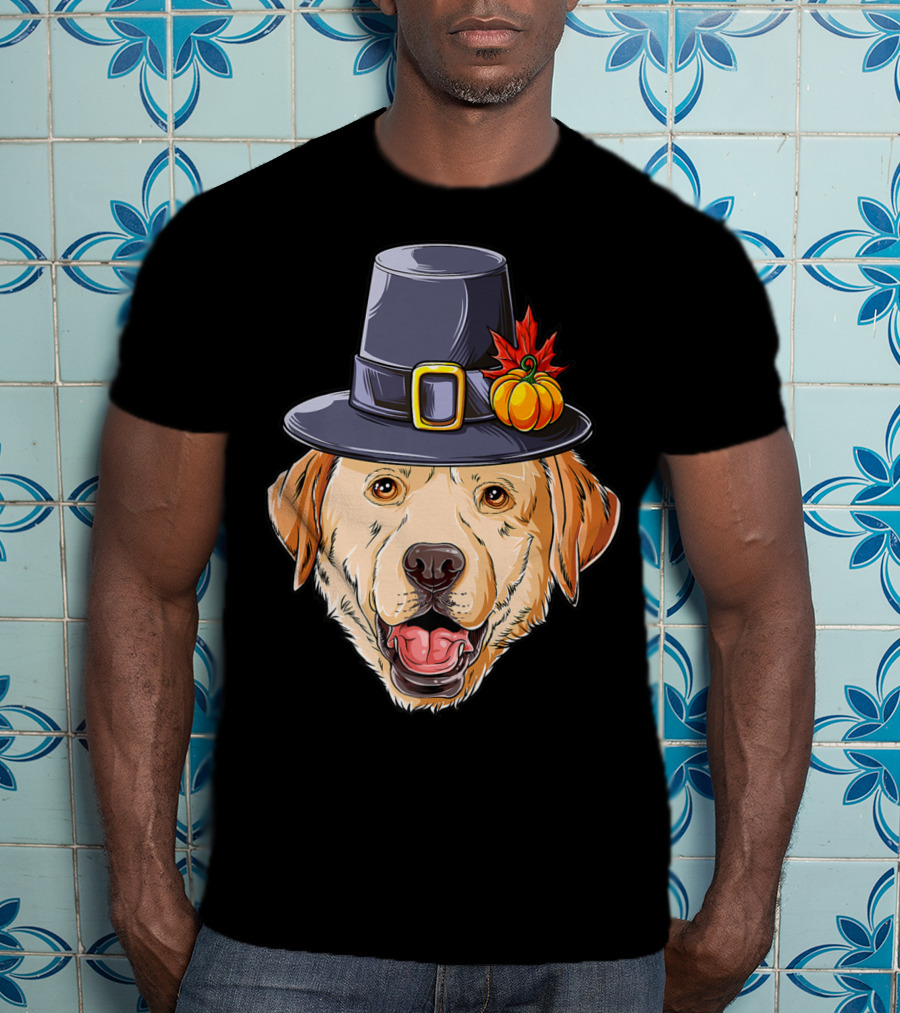 Thanksgiving Dog In Pilgrim Hat With Pumpkin And Leaf T-Shirt