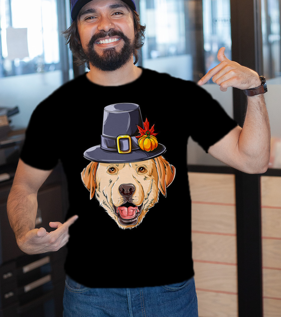 Thanksgiving Dog In Pilgrim Hat With Pumpkin And Leaf T-Shirt