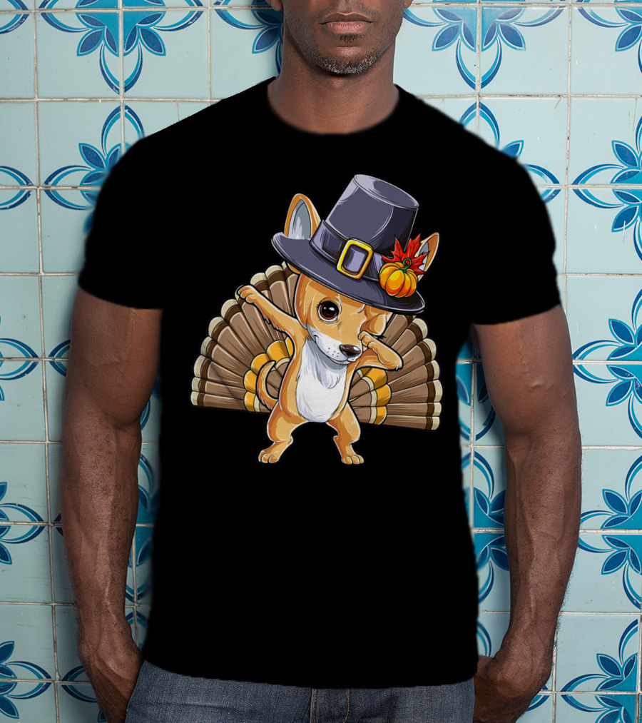 Thanksgiving Dabbing Chihuahua Pilgrim Hat Turkey Feathers T-Shirt