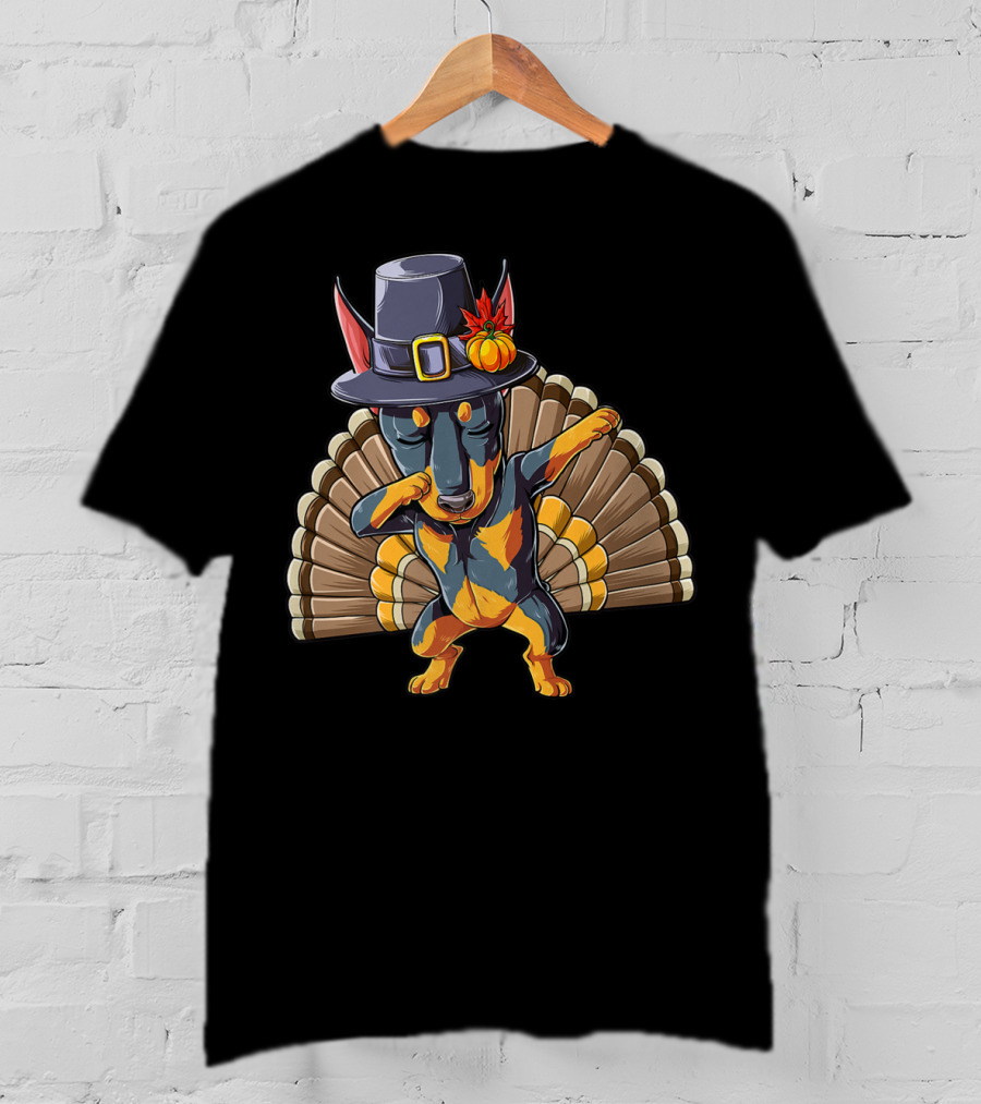Thanksgiving Dabbing Doberman Pilgrim Hat Turkey Feather Background T-Shirt