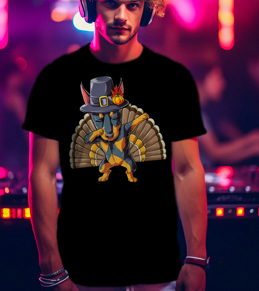 Thanksgiving Dabbing Doberman Pilgrim Hat Turkey Feather Background T-Shirt