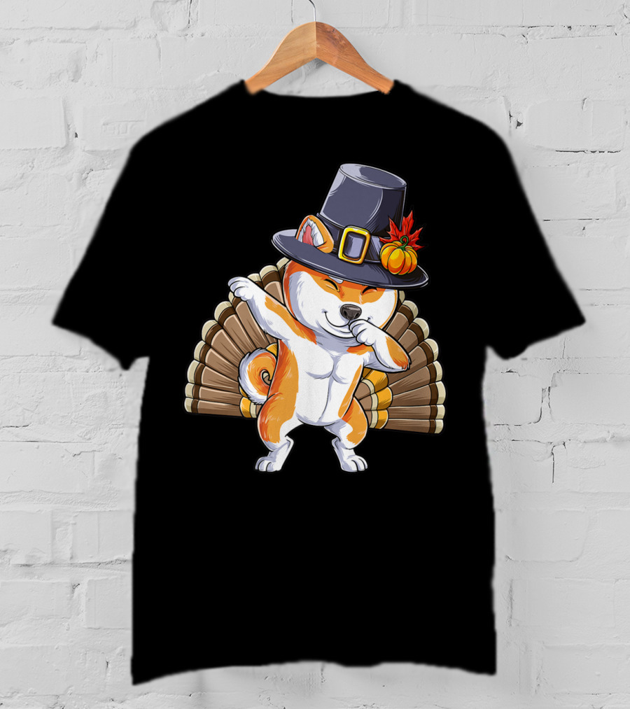 Thanksgiving Dabbing Shiba Inu Pilgrim Hat Turkey Background T-Shirt
