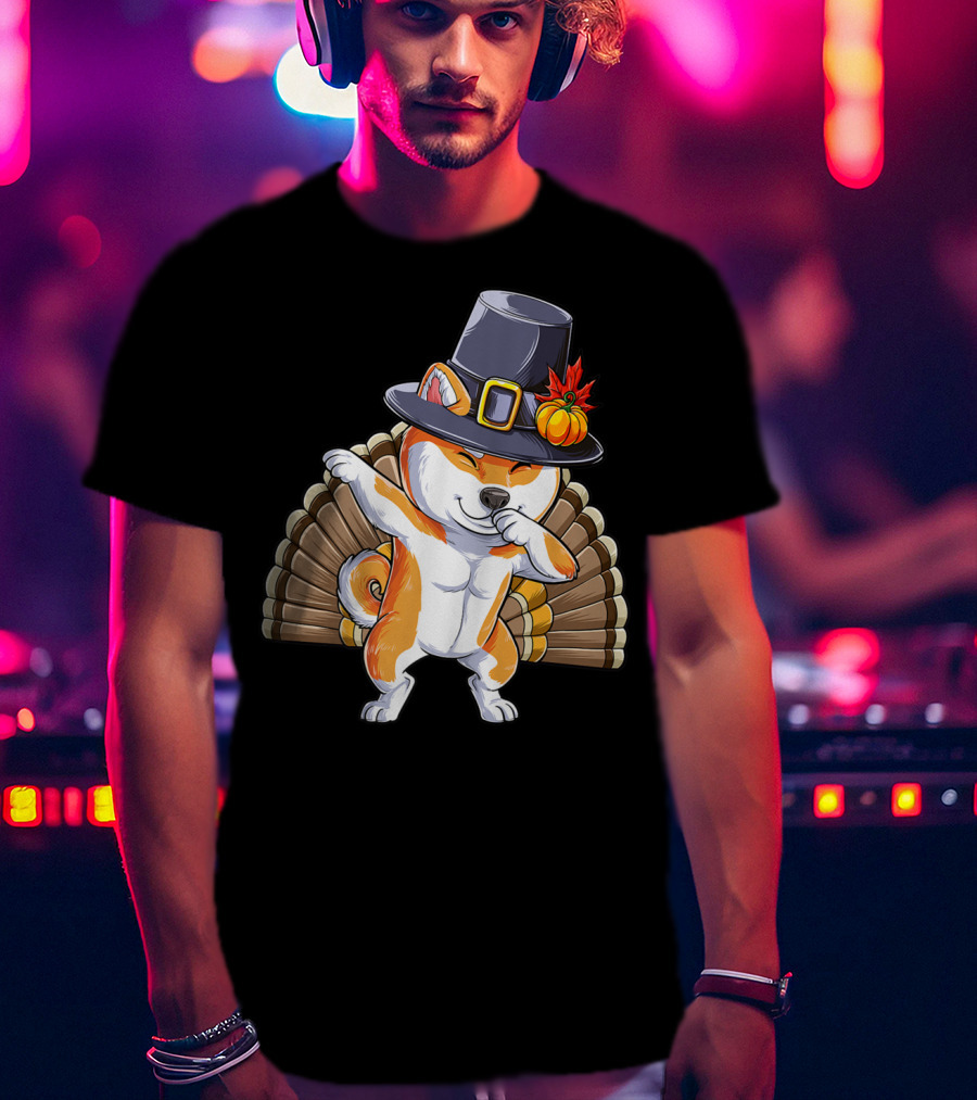 Thanksgiving Dabbing Shiba Inu Pilgrim Hat Turkey Background T-Shirt