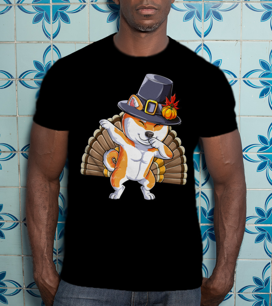 Thanksgiving Dabbing Shiba Inu Pilgrim Hat Turkey Background T-Shirt