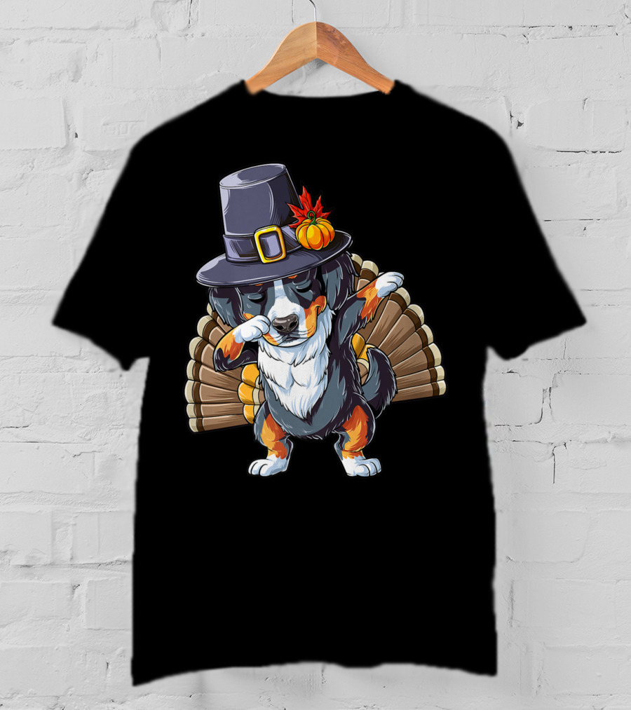 Thanksgiving Dabbing Bernese With Pilgrim Hat And Turkey Tail T-Shirt